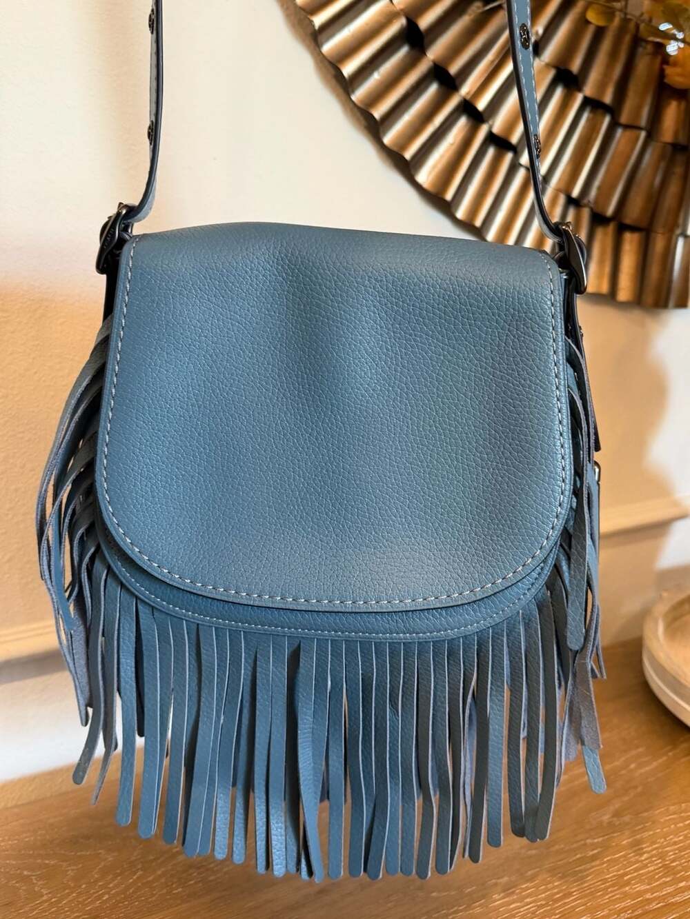 Coach 1941 Saddle 23 with Fringe in Blue Pebbled Leather with Tea Rose